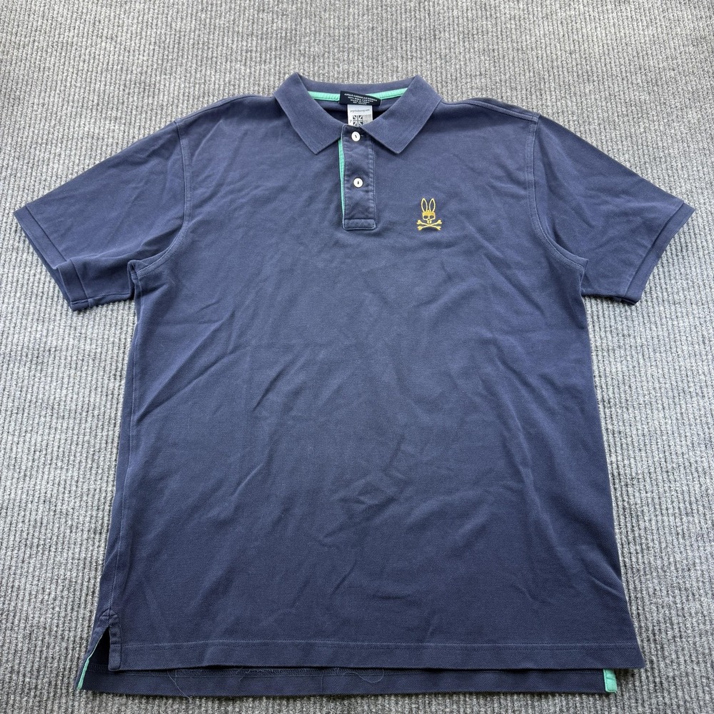 Psycho Bunny Polo Shirt Men Medium Navy Pima Cotton Skull Bunny Logo Embroidered